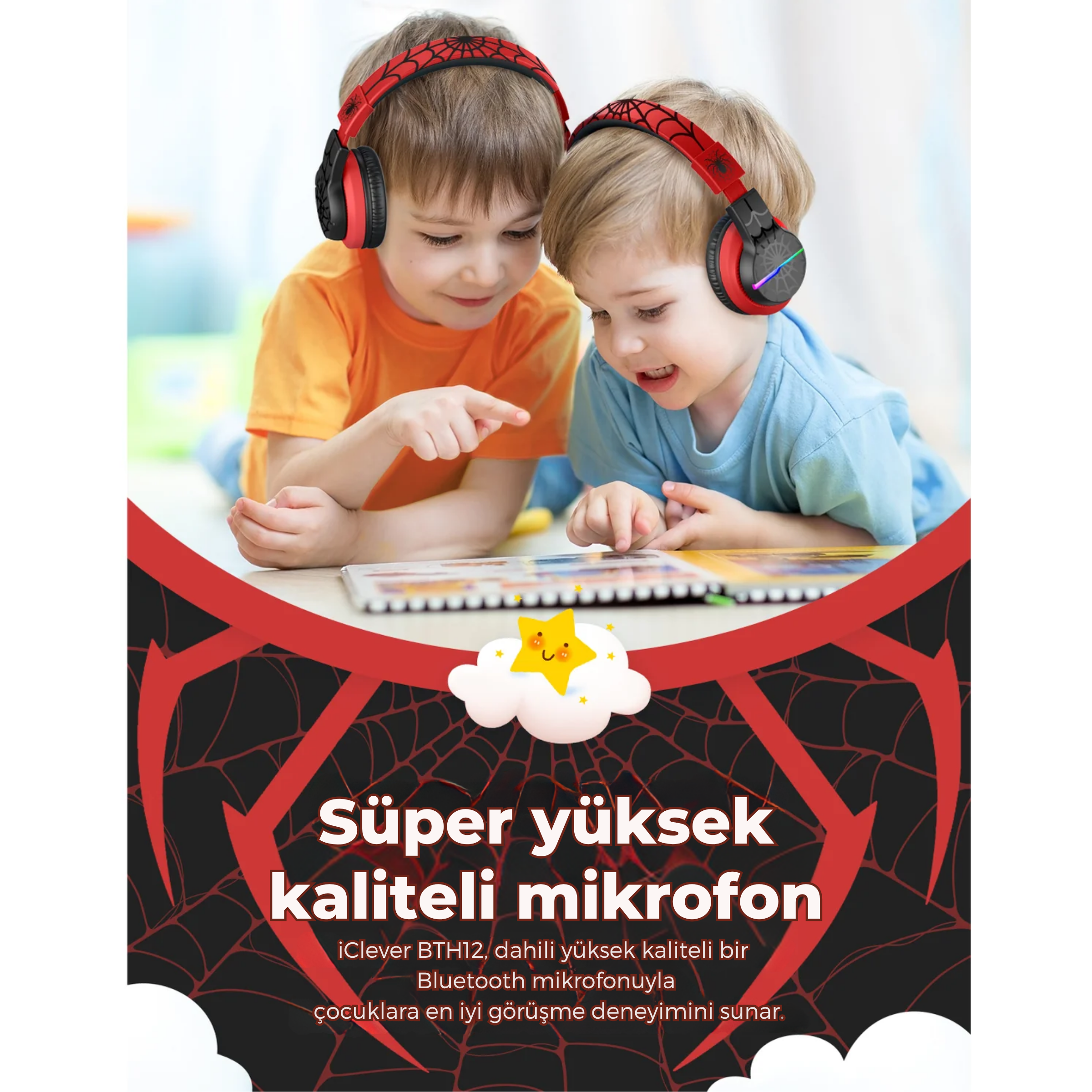 iClever BTH12 Çocuk Bluetooth Kulaklık – Siyah & Kırmızı