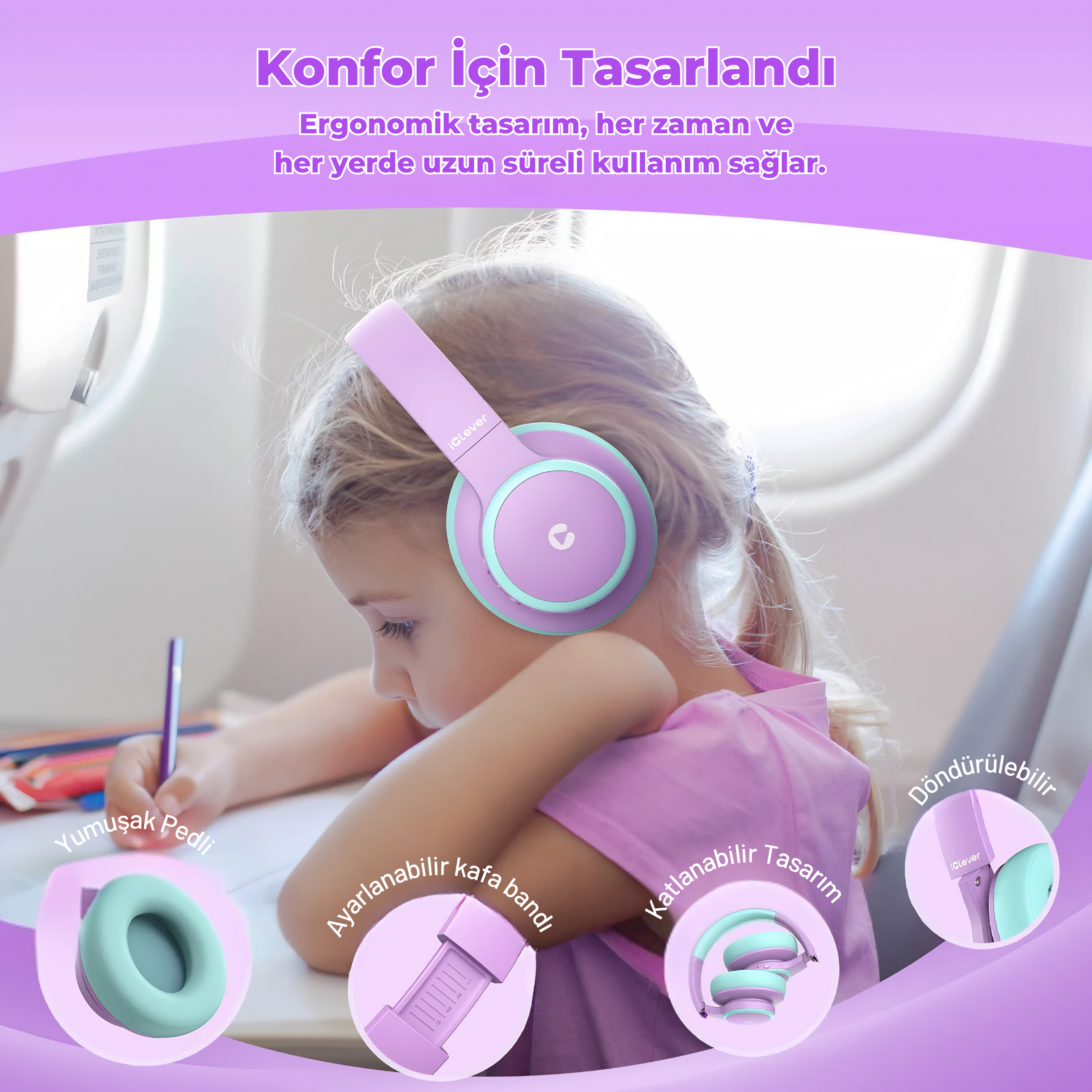 iClever BTH26 ANC Çocuk Bluetooth Kulaklık – Mor ve Yeşil