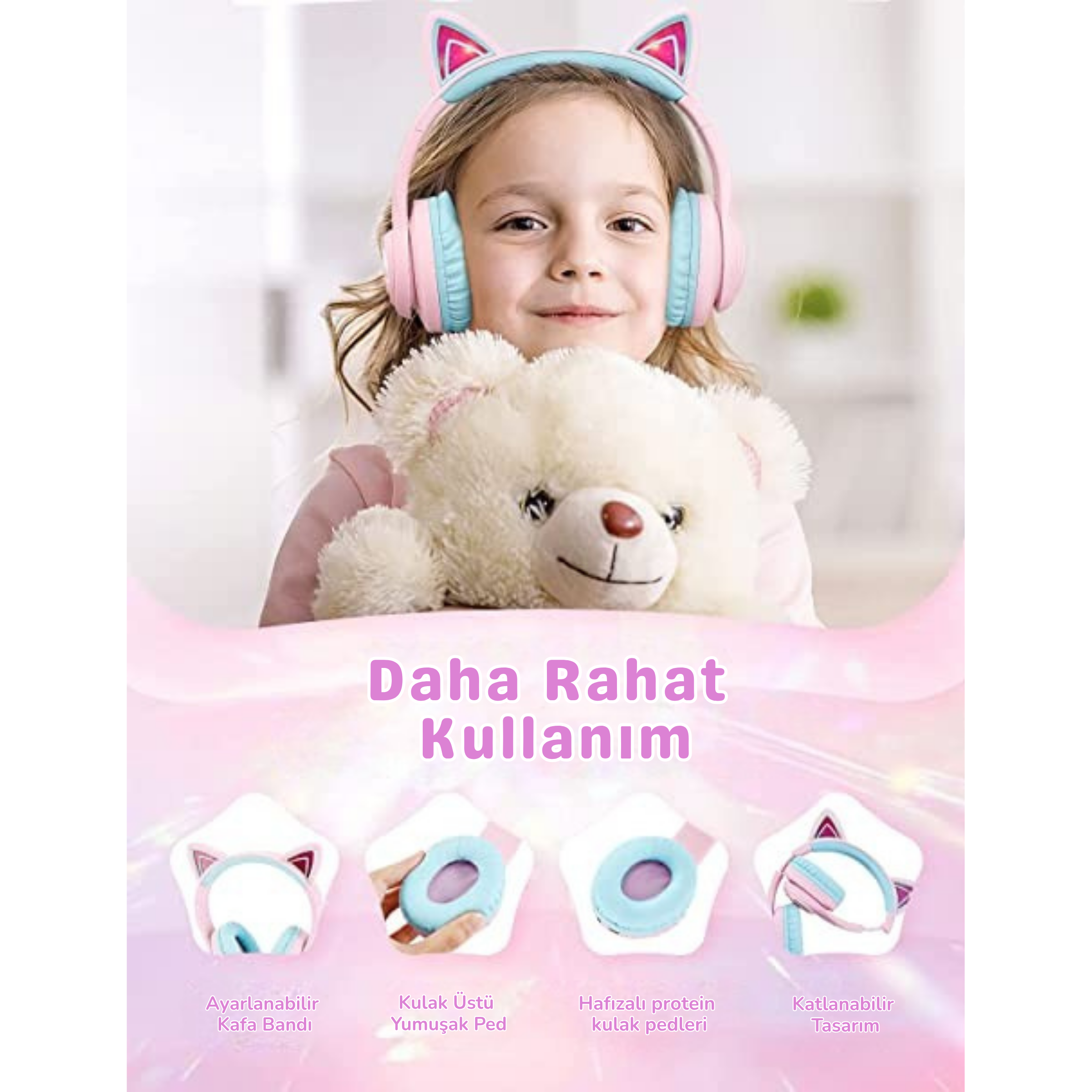 iClever BTH13 Çocuk Bluetooth Kedi Kulaklık – Pembe