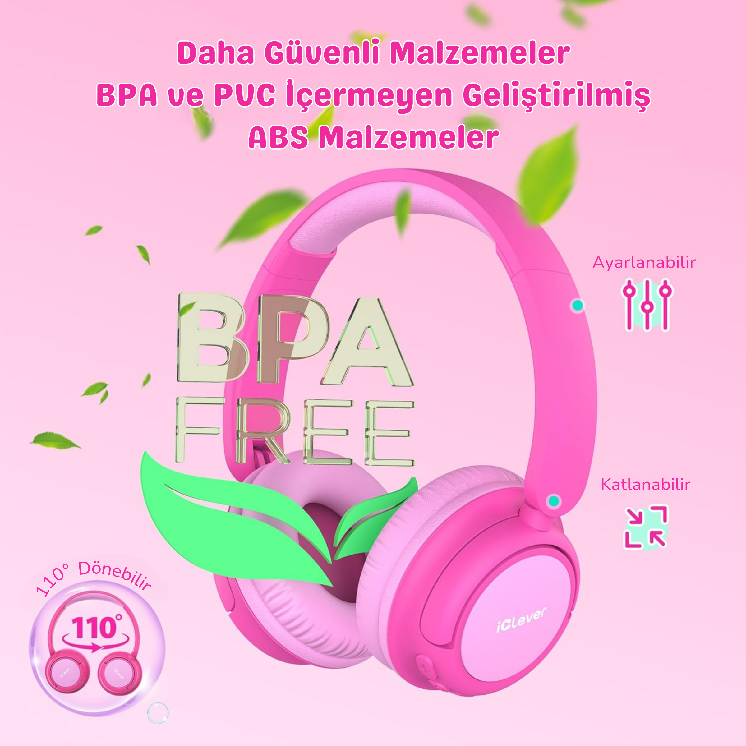 iClever BTH22 Çocuk Bluetooth Kulaklık – Pembe