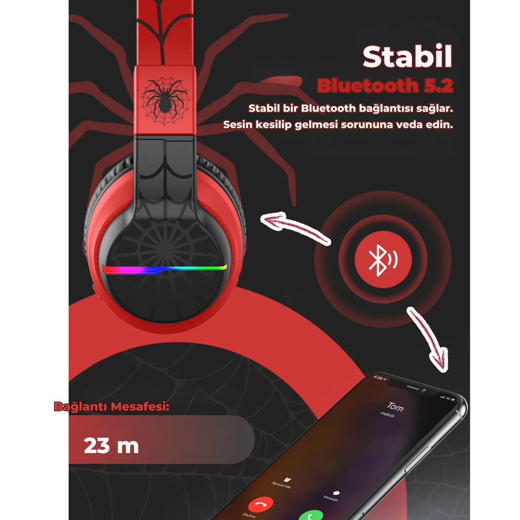iClever BTH12 Çocuk Bluetooth Kulaklık – Siyah & Kırmızı