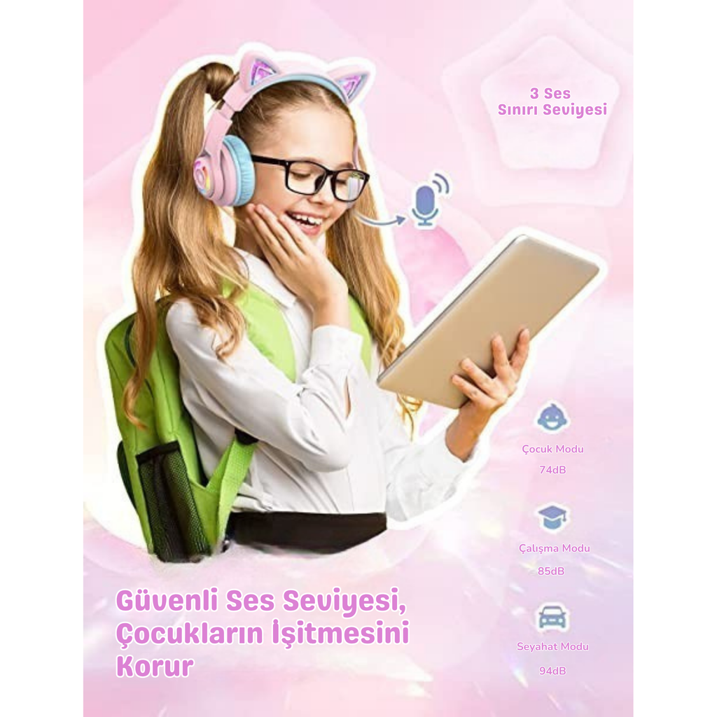 iClever BTH13 Çocuk Bluetooth Kedi Kulaklık – Pembe